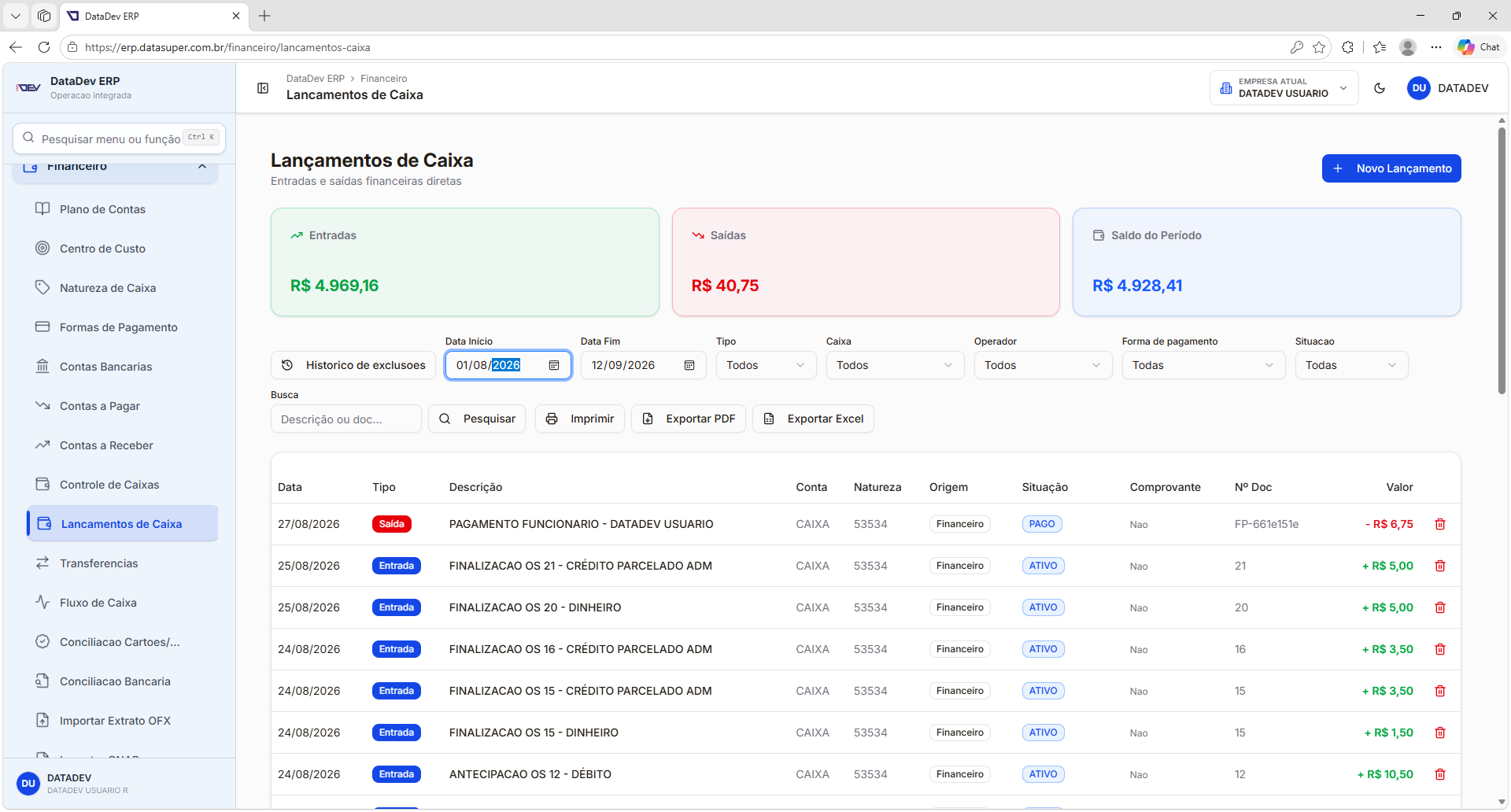 Tela de lançamentos de caixa do ERP DataSuper
